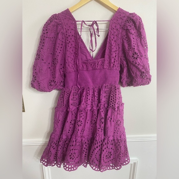 Cynthia Rowley Purple Eyelet Embroidered Fit & Flare Smocked Mini Dress Size 2 - Picture 6 of 8